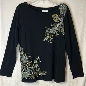 JJill Women’s Elegant Black Embroidered Paisley Top Size L
